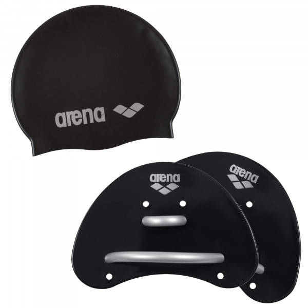 arena Fingerpaddle black und arena Badekappe black